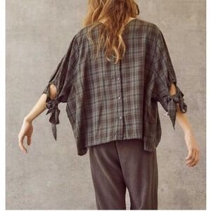 The Great Emerald Plaid Bow Sleeve Tie Button Back Top - 0 / XSmall